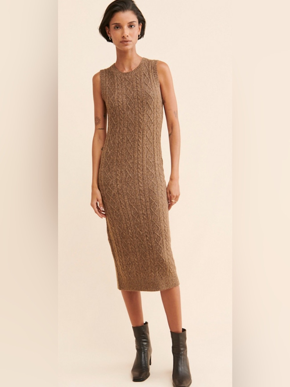 Current Air Anthropologie Brown Cable Knit Sleeveless Midi Sweater Dress Medium